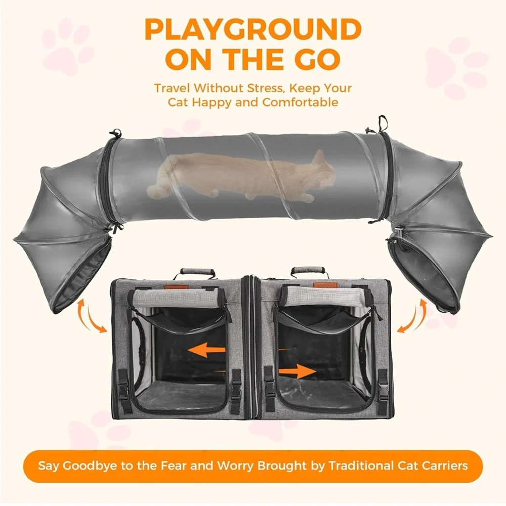 2-in-1 Double Collapsible Carrier for 2 Cats🐈Car w PlayTunnelsLitterBox&Hammock